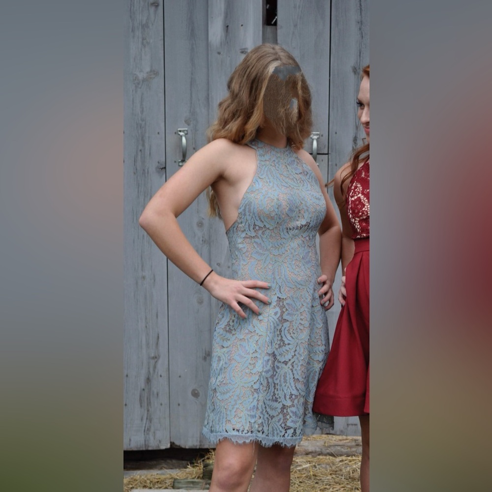 Dress the Population women’s small blue over nude halter high neck dress - Picture 2 of 12